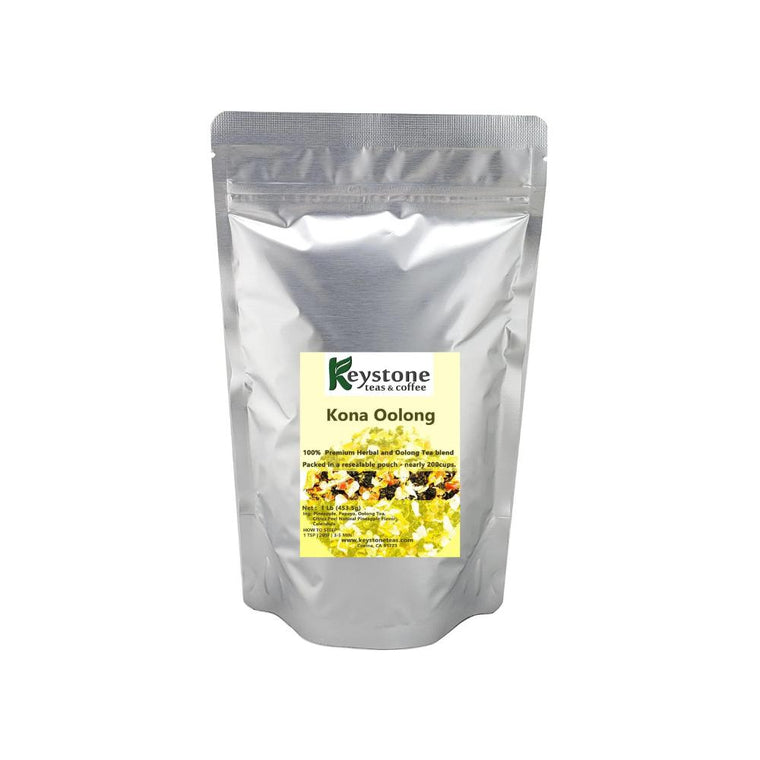 Kona Oolong – Oolong tea blend with Pineapple, Papaya fruit, citrus peel and natural pineapple flavored Tea.